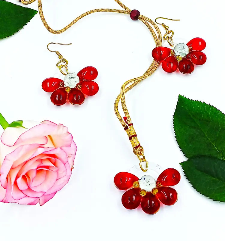 Radiant Red Flower Pendant Necklace & Earrings