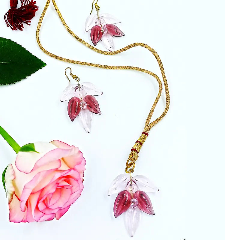 Handmade Pink Floral Jewelry Set - Necklace & Earrings