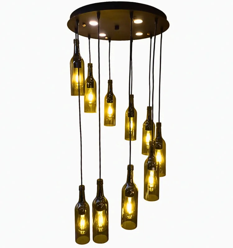 Artisan-made glass bottle pendant lamp set – Krystal Kraft sustainable chandelier with ambient mood lighting for homes, cafes, and weddings"