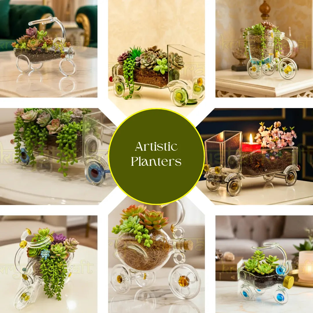 “Artistic upcycled glass bottle planters by Krystal Kraft – eco-friendly decorative bottle planters for sustainable home décor in India”