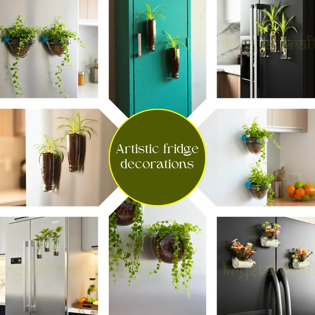 “Artistic magnetic mini glass bottle planter fridge magnets by Krystal Kraft – indoor refrigerator plant holders for eco-friendly home décor in India”