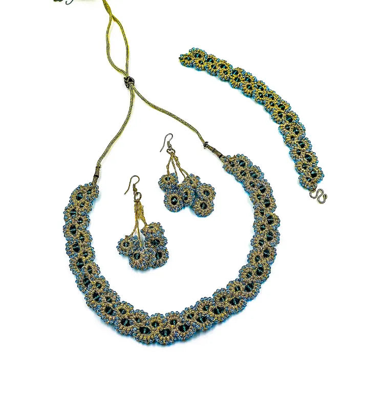 Handcrafted turquoise gold tatting lace necklace, earrings & bracelet by Krystal Kraft