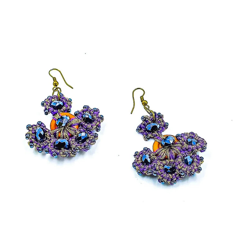Elegant handmade purple crystal tatting lace earrings featuring intricate threadwork in boho dangle style by Krystal Kraft.”