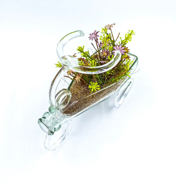 Decorative glass carriage planter for succulents, rustic industrial home decor accent