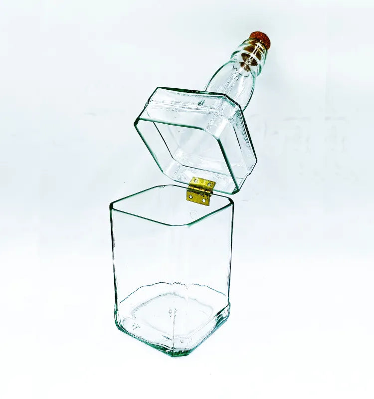 Detail of cork stopper on upcycled Jack Daniel's bottle canister, airtight seal for fresh dry fruit storage.