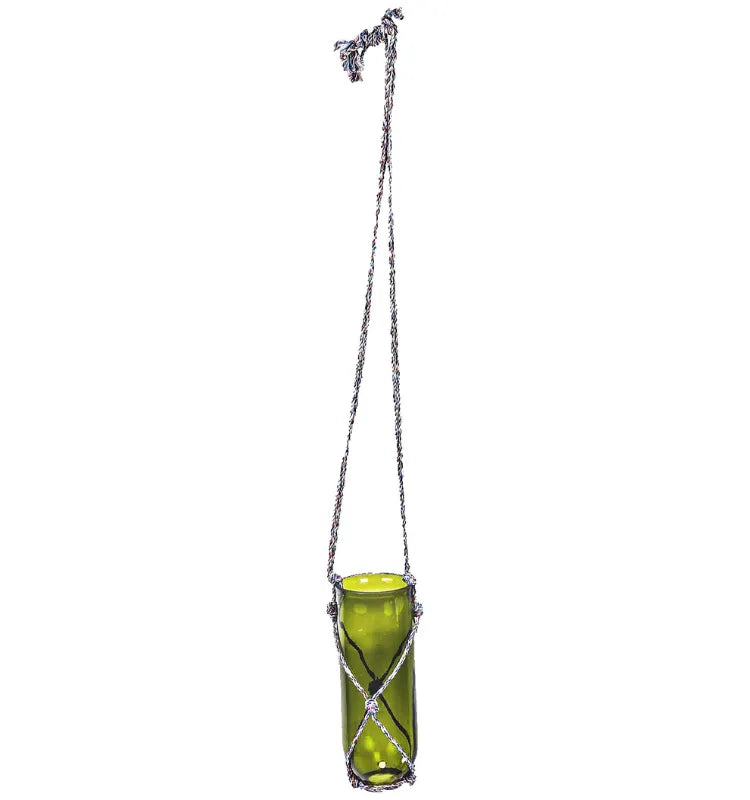 Eco-friendly green glass hanging planter made from upcycled Sula bottle by KRYSTAL KRAFT, perfect for balcony and indoor décor