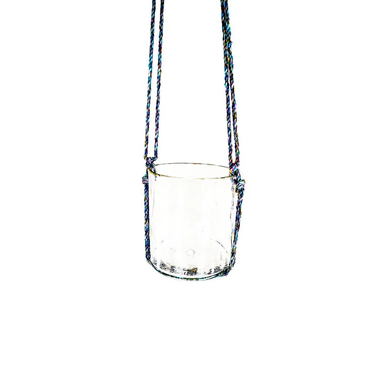 Versatile eco-friendly Krystal Kraft glass planter hanging indoors, suitable for round, square, ceramic, or metal pots.