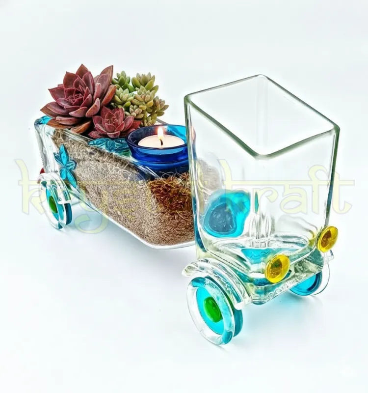 Eco-conscious Legacy Lane Truck Planter by Krystal Kraft, crafted from a recycled Gold Label whisky bottle – whimsical truck design for succulents, herbs, and candles, perfect for stylish interiors.
