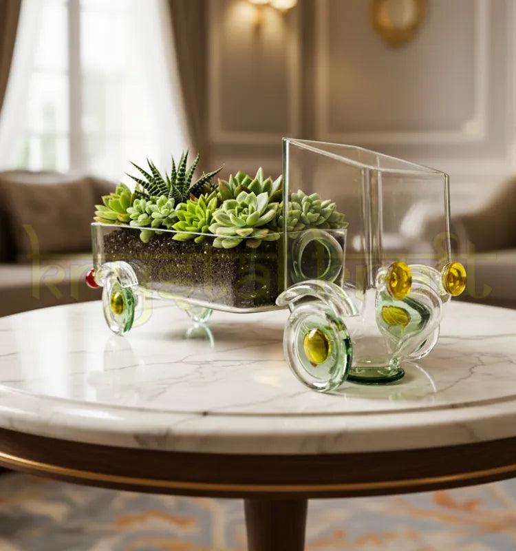 Handcrafted Eco-Friendly Upcycled Glass Bottle Truck by Krystal Kraft, designed by Raees Ahmed Merchant – made from repurposed gold label whisky bottles, perfect as a snack server, candleholder, or artistic centerpiece.