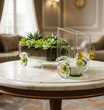 Handcrafted Eco-Friendly Upcycled Glass Bottle Truck by Krystal Kraft, designed by Raees Ahmed Merchant – made from repurposed gold label whisky bottles, perfect as a snack server, candleholder, or artistic centerpiece.