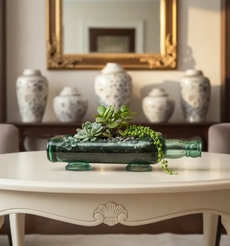 KRYSTAL KRAFT Eco-Friendly Glass Table Top Planter in Sea Green, Upcycled Liquor Bottle with Drilled Drainage, Handcrafted Indoor Home Décor for Balcony, Kitchen, Office"