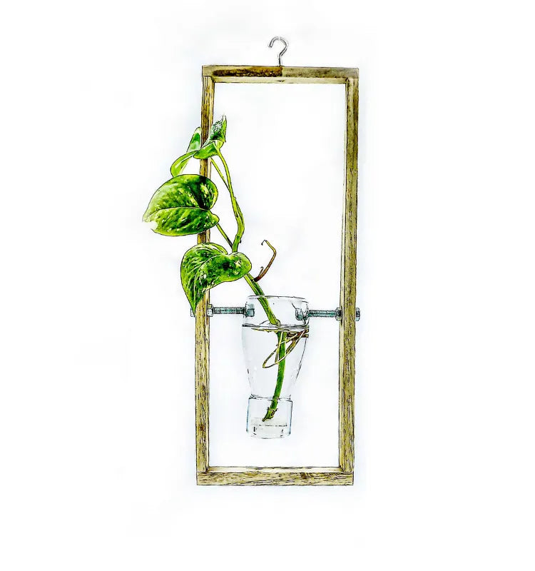 Upcycled white transparent glass bottle hanging frame planter by Krystal Kraft.