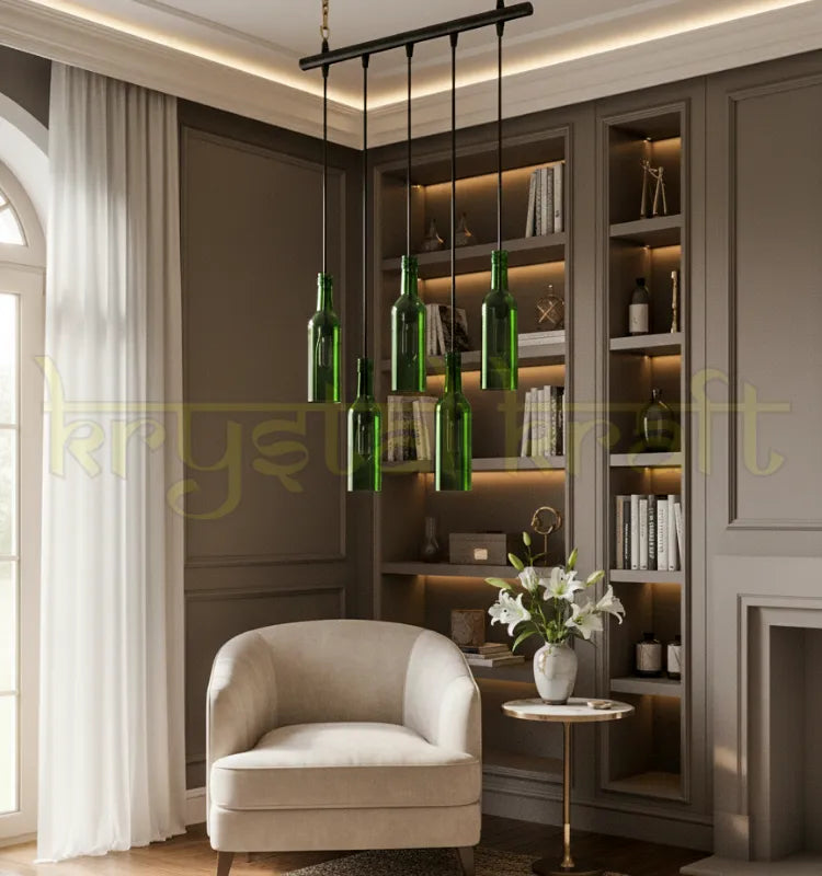 Krystal Kraft green beer bottle chandelier with five pendant lights in horizontal alignment.