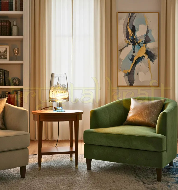 Gin Mare Table Top Glass Bottle Lamp by Krystal Kraft – a handcrafted upcycled lighting piece made from a recycled Gin Mare bottle. This eco-friendly lamp brings sustainable elegance to any home décor, perfect for Diwali, Christmas, or romantic ambient lighting.