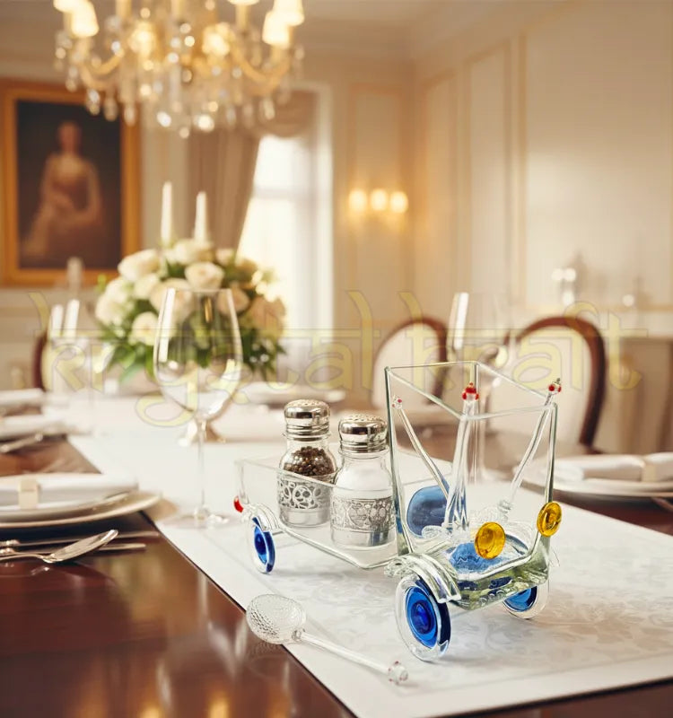 Handcrafted Glass Truck Model by artist Raees Ahmed Merchant from Krystal Kraft – elegant upcycled glass art collectible with blue wheels, yellow headlights, and red taillight, perfect for home or office décor, centerpiece, or unique gift."