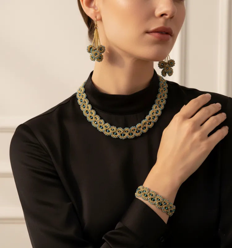 Handcrafted turquoise gold tatting lace necklace, earrings & bracelet by Krystal Kraft