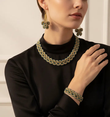Handcrafted turquoise gold tatting lace necklace, earrings & bracelet by Krystal Kraft