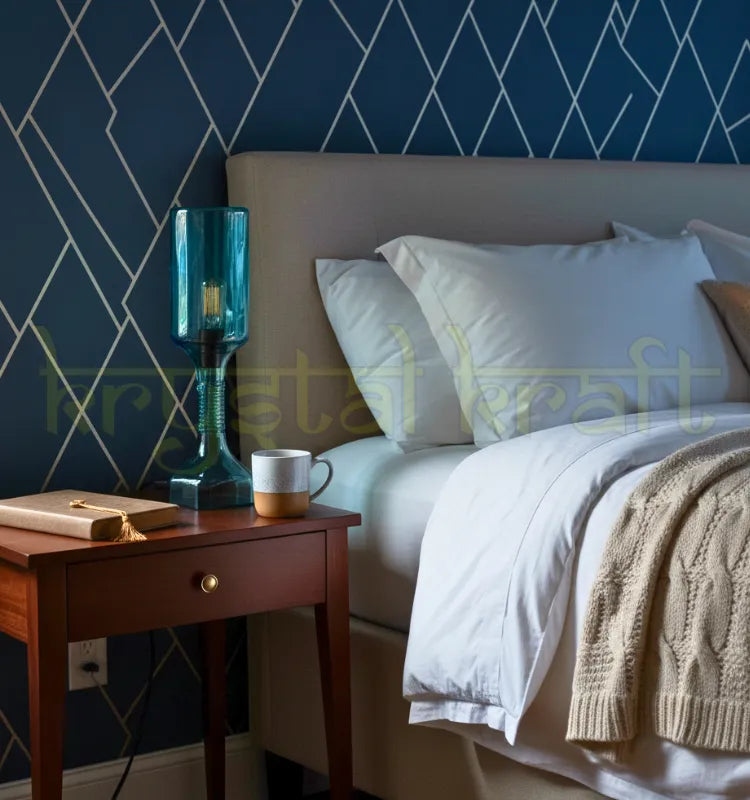 Blue Bombay Sapphire Table Top Glass Bottle Lamp by Krystal Kraft — handcrafted from recycled glass bottles for sustainable home décor. This eco-friendly bottle lamp emits warm ambient lighting, perfect for Diwali, Christmas, weddings, or housewarming gifts. Ideal as a night lamp, desk light, or mood enhancer, made in India with artistic craftsmanship.