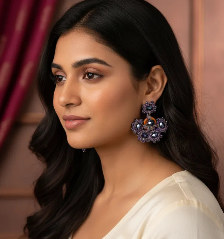 Elegant handmade purple crystal tatting lace earrings featuring intricate threadwork in boho dangle style by Krystal Kraft.”