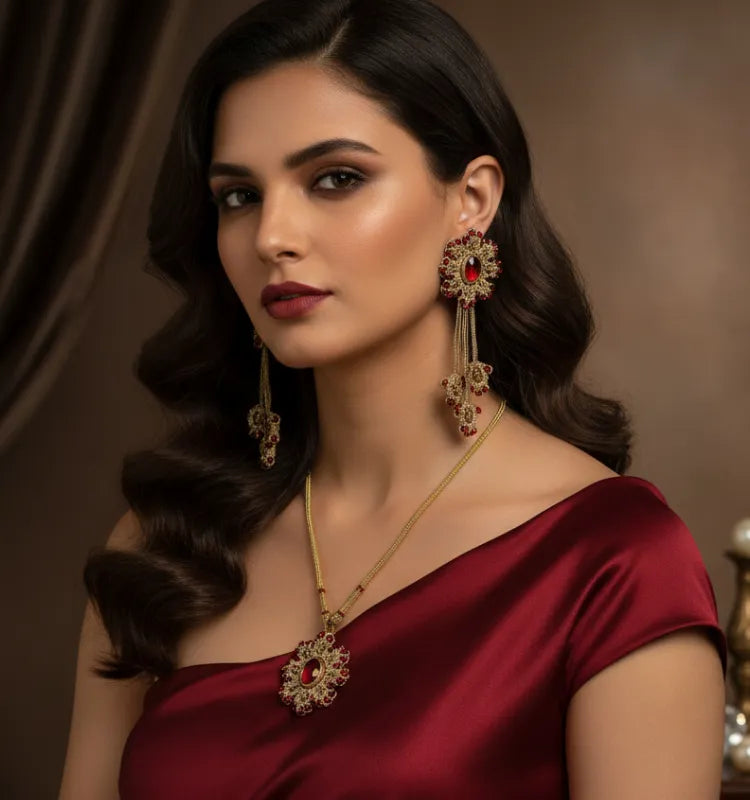 Handcrafted red tatting lace necklace and earrings set by artist Shaista Merchant from Krystal Kraft, perfect for Diwali and wedding celebrations."