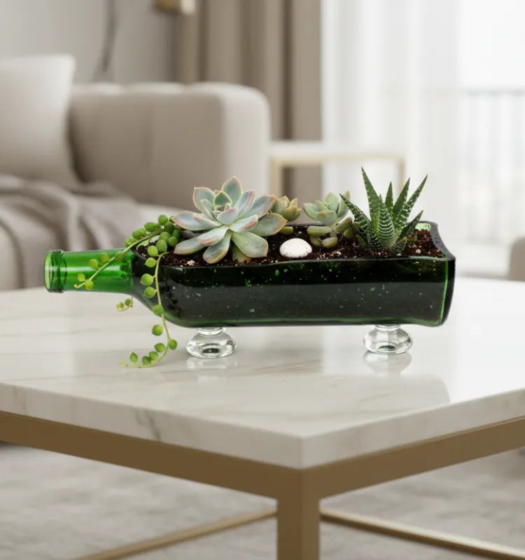 Eco-friendly upcycled Glenfiddich glass bottle planter by Krystal Kraft – handmade sustainable table-top décor for succulents, cacti, and modern home interiors