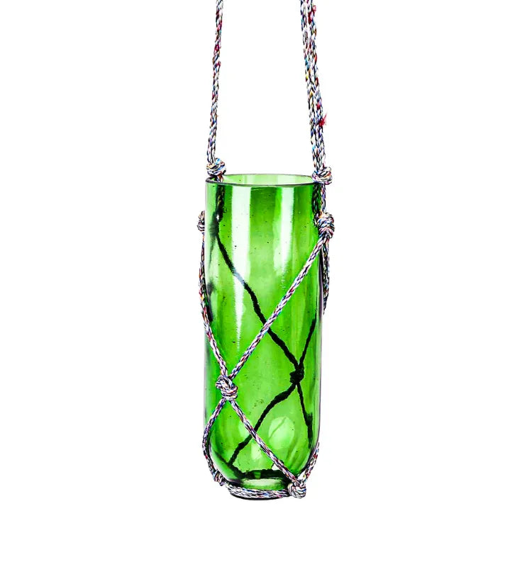 Stylish recycled glass bottle hanging planter in Sula Green, perfect for balcony, kitchen, or living room décor.