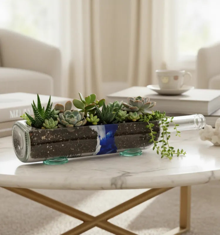 KRYSTAL KRAFT Grey Goose Glass Pot Table Top Planter – Handcrafted upcycled bottle planter for indoor and outdoor décor, sustainable and eco-friendly home accessory, perfect for succulents, herbs, or decorative plants.
