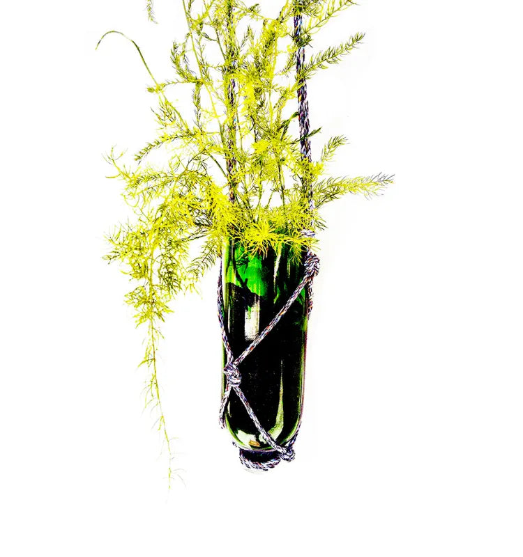 Stylish recycled glass bottle hanging planter in Sula Green, perfect for balcony, kitchen, or living room décor.