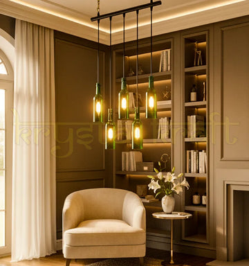 Krystal Kraft green beer bottle chandelier with five pendant lights in horizontal alignment.
