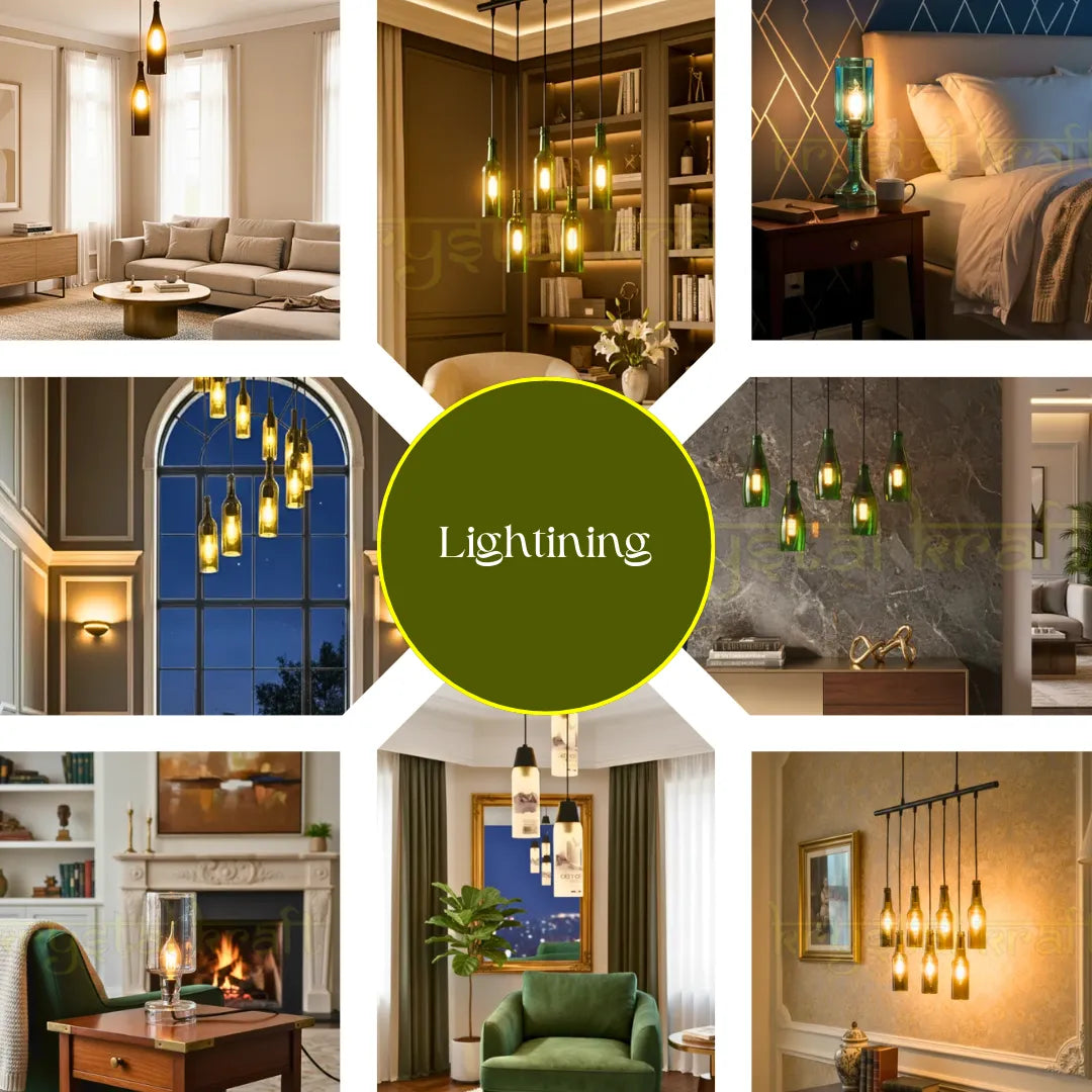 “Handcrafted eco-friendly bottle lamps and candle holders by Krystal Kraft – unique upcycled glass lighting décor collection made in India”