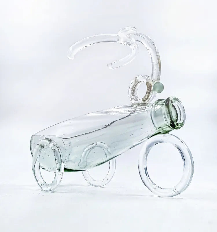 Miniature glass pram vase with coco‑coir nest for 2–4 succulents, indoor desk planter