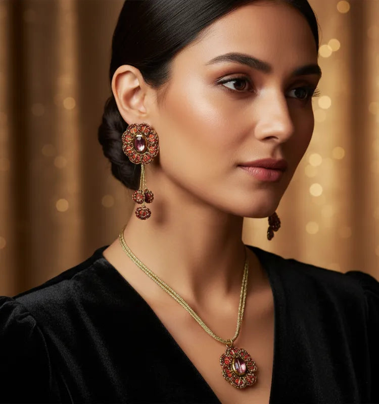 Elegant pink floral tatting lace jewelry set with handmade necklace and earrings crafted by artist Shaista Merchant from Krystal Kraft.