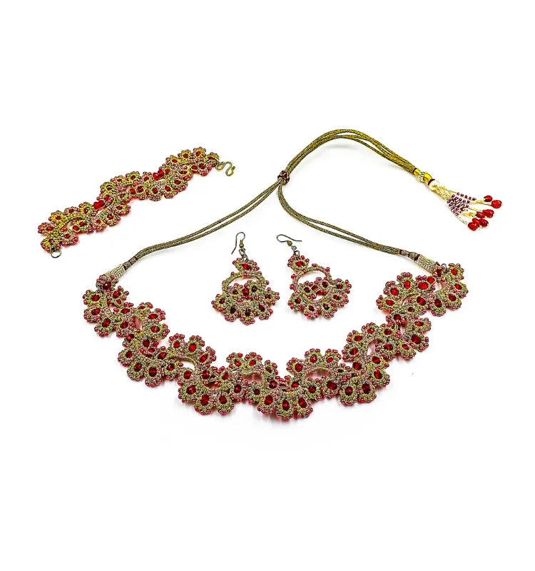 Elegant handmade red floral tatting lace jewelry set featuring a necklace, earrings, and bracelet crafted by artist Shaista Merchant for Krystal Kraft.