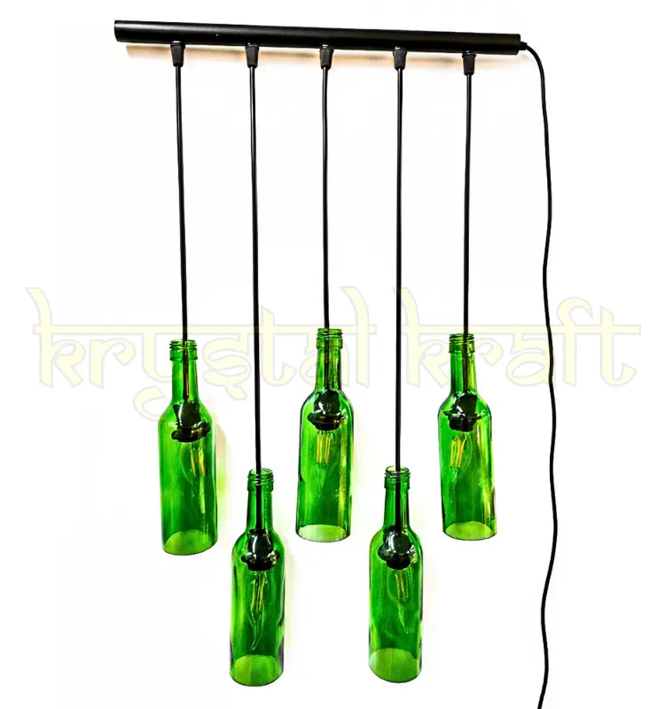 Sustainable Krystal Kraft bottle chandelier crafted from recycled glass bottles.