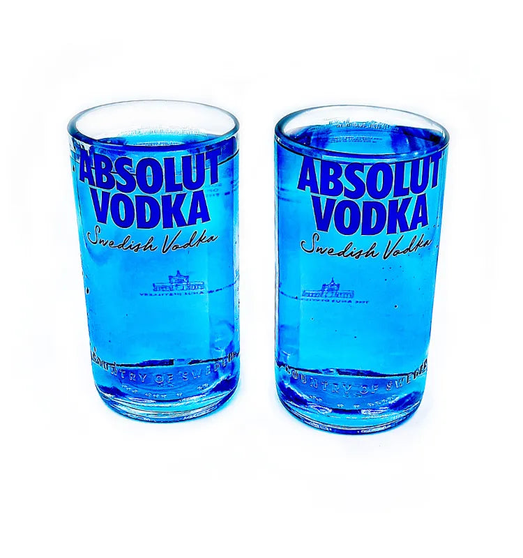 Stylish eco-friendly upcycled Absolut glasses handcrafted from recycled bottles for sustainable home bar accessories
