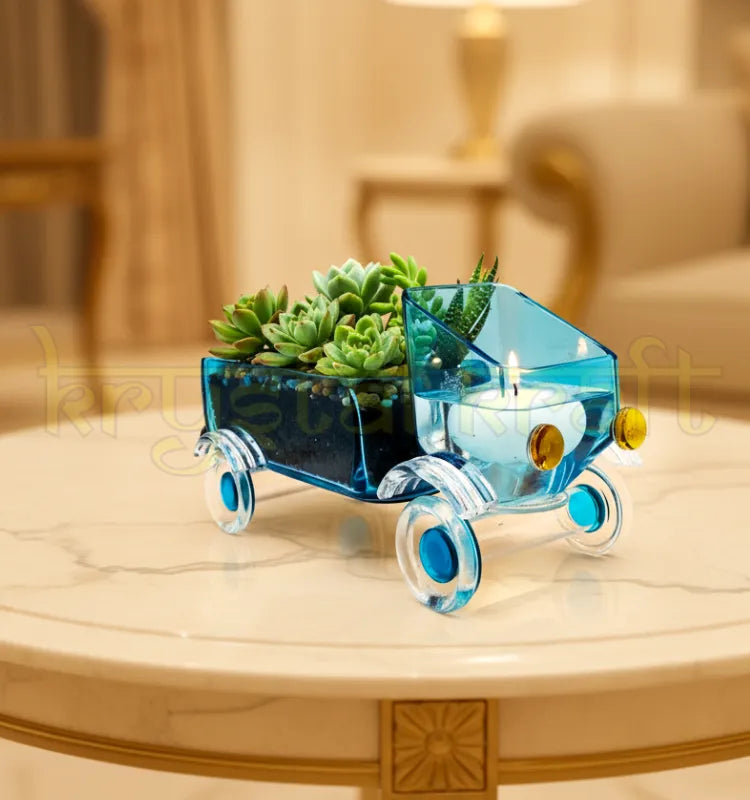 Handcrafted Bombay Sapphire Truck Glass Serving Bowl by Krystal Kraft, made from recycled gin bottles – a unique upcycled glass truck design ideal for serving nuts, candies, or as a decorative candleholder centerpiece.