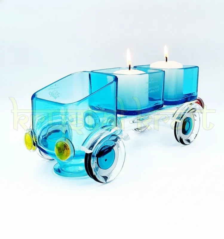 Handcrafted upcycled Bombay Sapphire Tempo tray by Krystal Kraft, featuring a stunning blue glass design with multiple compartments for serving snacks or holding candles, perfect for eco-conscious home décor and stylish gatherings