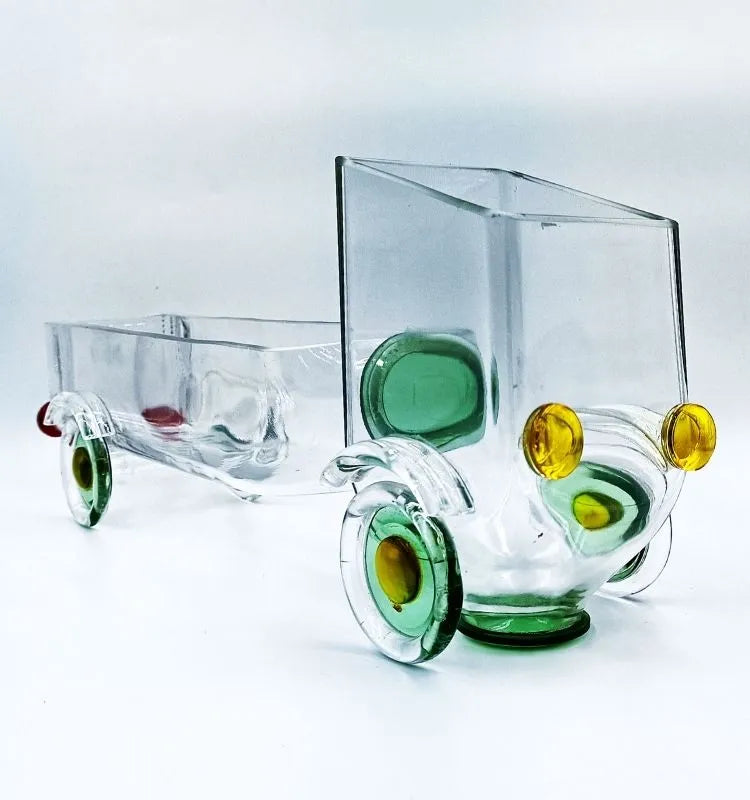 Beautiful upcycled Gold Label glass bottle truck by Krystal Kraft, handcrafted with intricate detailing – sustainable home décor for serving dry fruits, snacks, or using as a unique candleholder centerpiece.