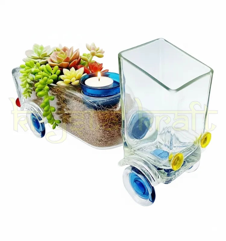 Eco-conscious upcycled Johnnie Walker Gold Label truck planter by Krystal Kraft, combining elegant craftsmanship and functionality as both a succulent planter and candle holder, perfect for home or office décor.