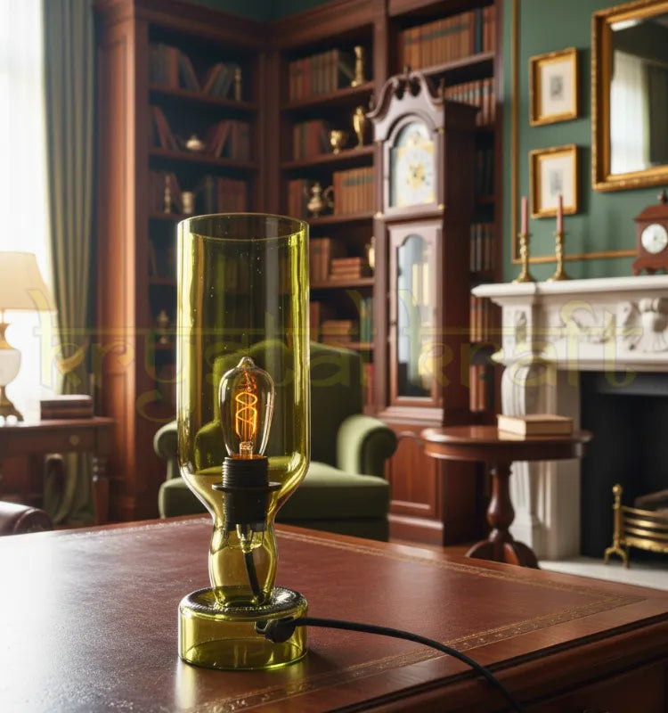Upcycled green glass bottle lamp by Krystal Kraft — elegant sustainable table lamp made in India, perfect for mood lighting, festive décor, and eco-conscious interiors with soft ambient glow.