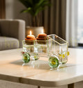 Vintage Tempo Candle Holder by Krystal Kraft – handcrafted from recycled glass bottles, featuring a rustic truck design with two tealight holders, weathered glass finish, and eco-friendly charm for cozy home décor.