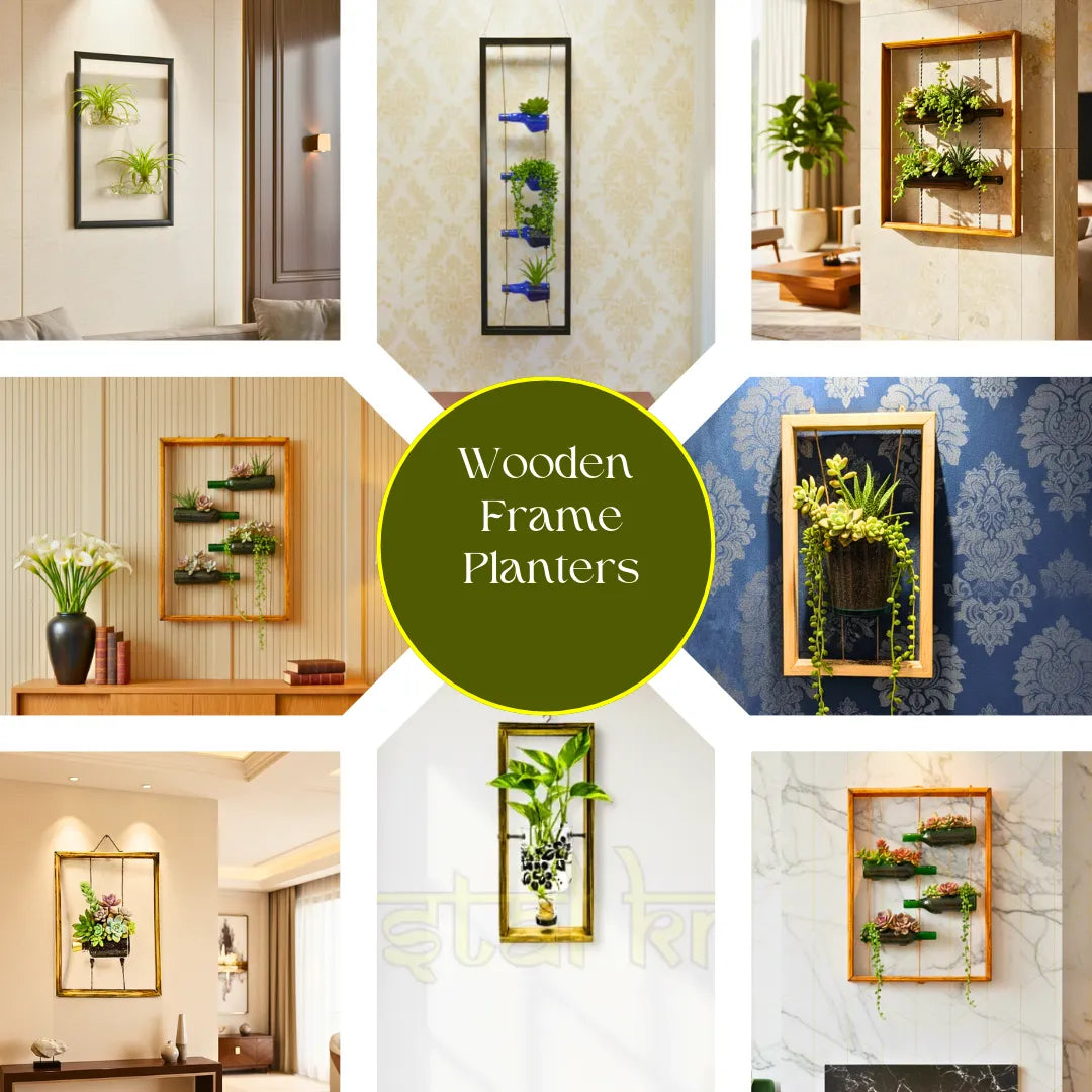 “Wooden hanging frame planter by Krystal Kraft – handcrafted upcycled glass bottle wall planter for eco-friendly home décor in India”