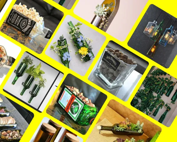 upcycled bottle art, bottle planter, bottle platter, bottle lamps, bottle cutting, sustainable gifts