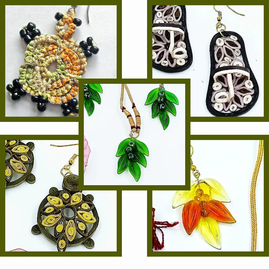 Crafted artisan jewelry from Krystal Kraft featuring handmade paper quilling earrings, tatting lace earrings, and premium glass earrings; eco-friendly Indian jewelry perfect for weddings, festivals, and unique gifting.
