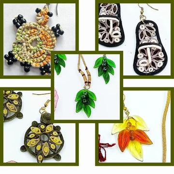 Crafted artisan jewelry from Krystal Kraft featuring handmade paper quilling earrings, tatting lace earrings, and premium glass earrings; eco-friendly Indian jewelry perfect for weddings, festivals, and unique gifting.