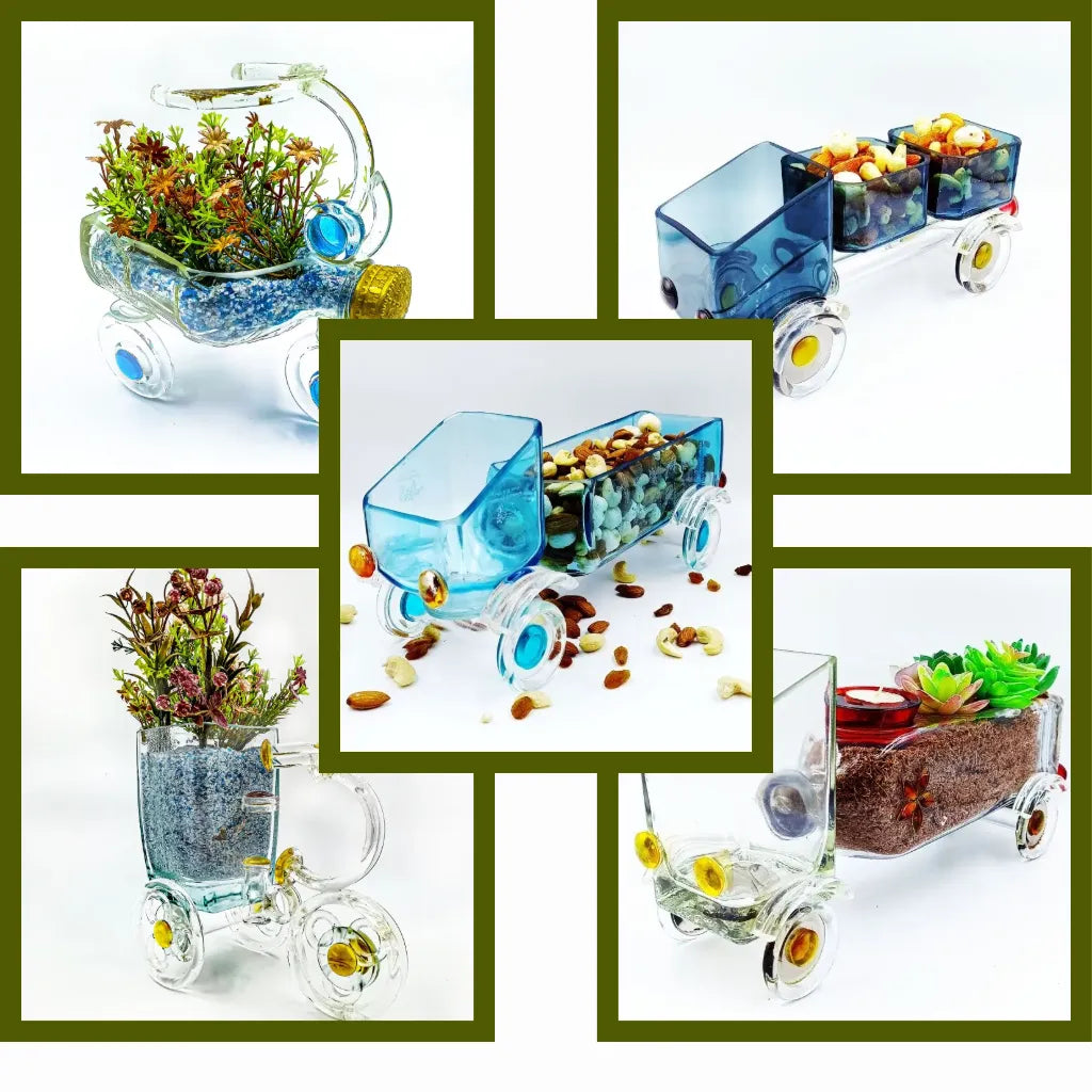 Handcrafted upcycled glass bottle planters and eco-friendly home decor by Krystal Kraft, featuring sustainable artisan glass art for garden and home accessories.