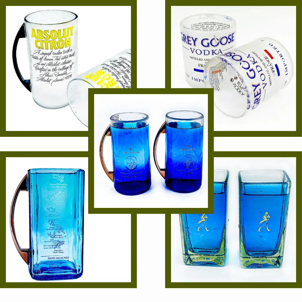 Handcrafted upcycled glassware by Krystal Kraft made from recycled bottles, including eco-friendly glasses, mugs, and sustainable home décor gifts for eco-conscious living.