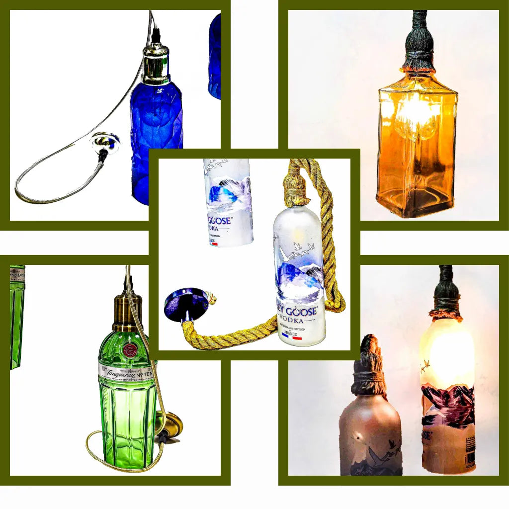 Krystal Kraft handcrafted eco-friendly lighting collection featuring upcycled bottle lamps, glass candle holders, tea light holders, pendant lights, and sustainable home décor for weddings, festivals, and unique gifting.