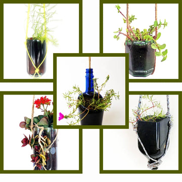 KRYSTAL KRAFT handcrafted hanging glass bottle planter made from upcycled wine bottle, eco-friendly indoor and outdoor decorative planter for modern home décor.