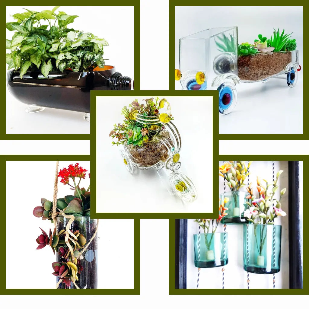 KRYSTAL KRAFT upcycled glass bottle planter – eco-friendly handcrafted indoor and outdoor decorative planter for succulents, herbs, and table-top home decor, sustainable handmade planter made in India